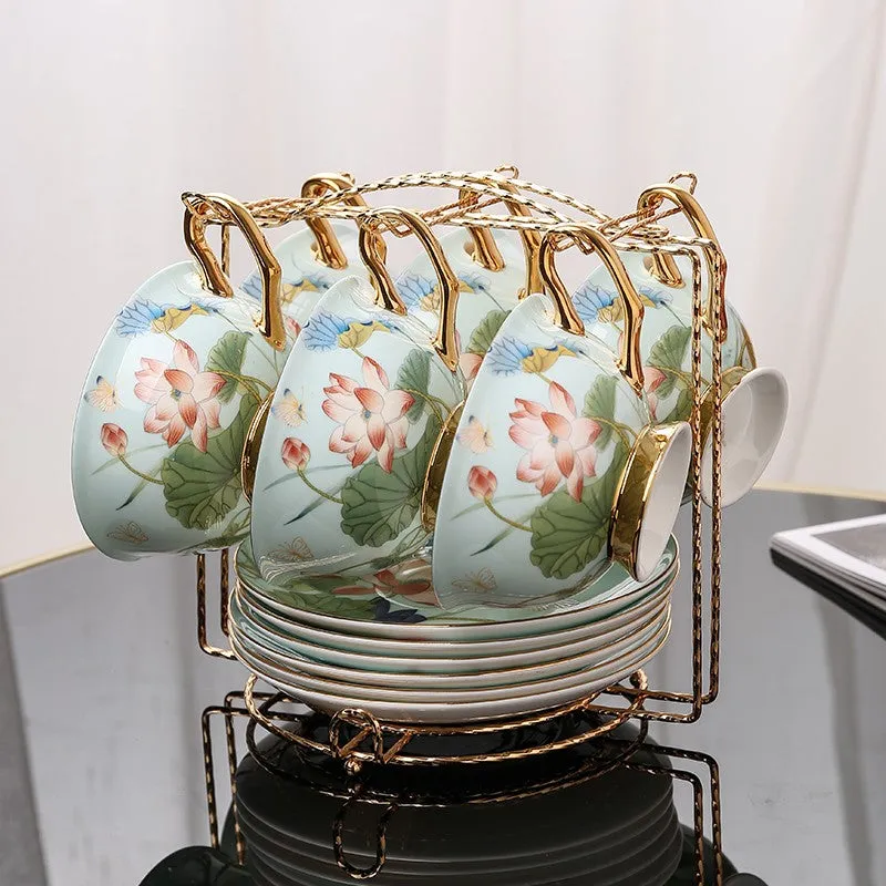 Lotus Flower Bone China Porcelain Tea Cup Set, Unique British Tea Cup and Saucer in Gift Box, Elegant British Ceramic Coffee Cups