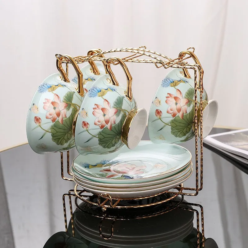 Lotus Flower Bone China Porcelain Tea Cup Set, Unique British Tea Cup and Saucer in Gift Box, Elegant British Ceramic Coffee Cups
