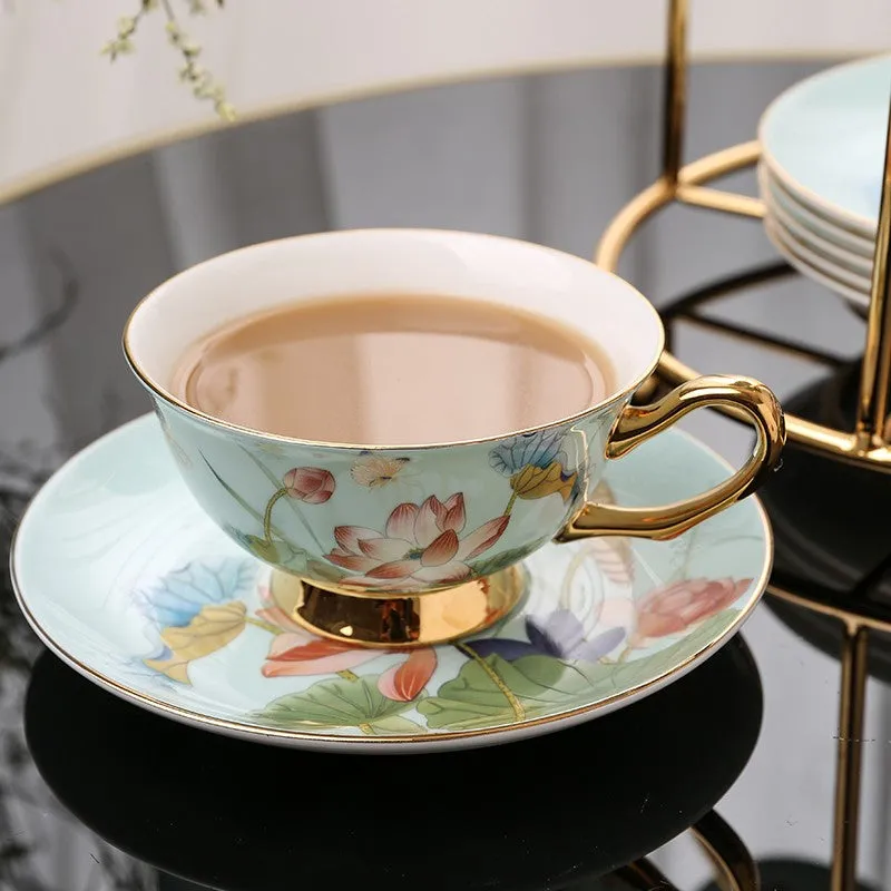 Lotus Flower Bone China Porcelain Tea Cup Set, Unique British Tea Cup and Saucer in Gift Box, Elegant British Ceramic Coffee Cups