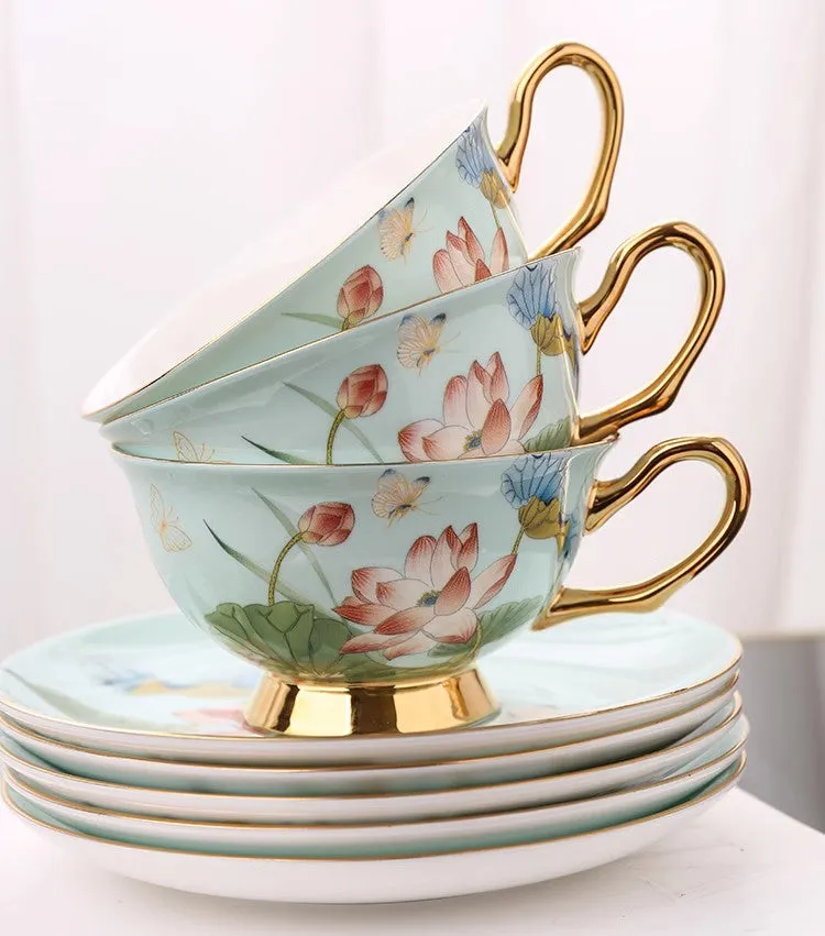 Lotus Flower Bone China Porcelain Tea Cup Set, Unique British Tea Cup and Saucer in Gift Box, Elegant British Ceramic Coffee Cups