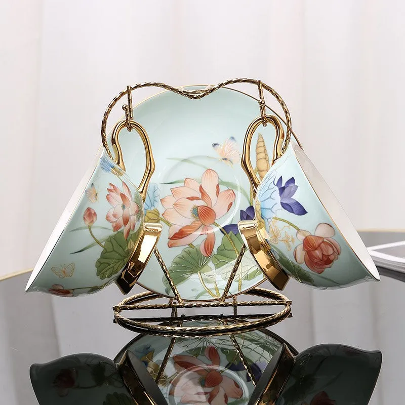 Lotus Flower Bone China Porcelain Tea Cup Set, Unique British Tea Cup and Saucer in Gift Box, Elegant British Ceramic Coffee Cups