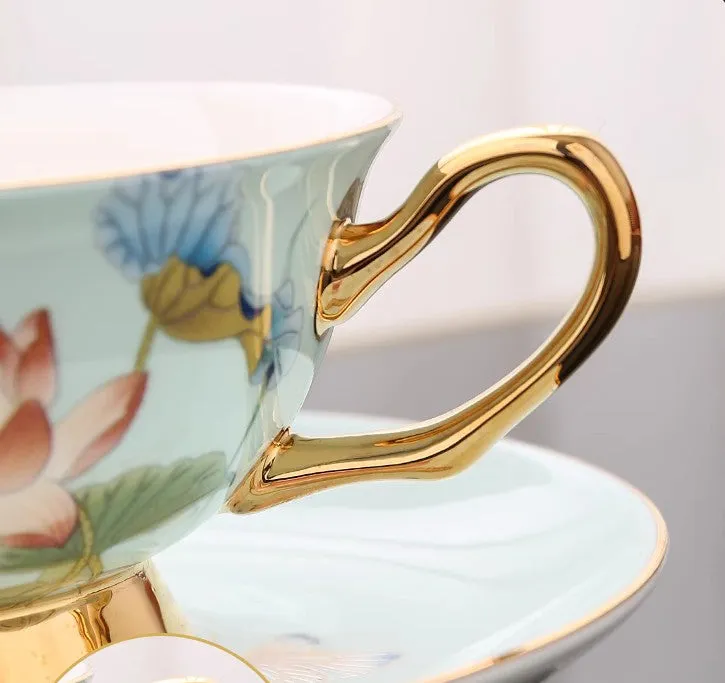 Lotus Flower Bone China Porcelain Tea Cup Set, Unique British Tea Cup and Saucer in Gift Box, Elegant British Ceramic Coffee Cups