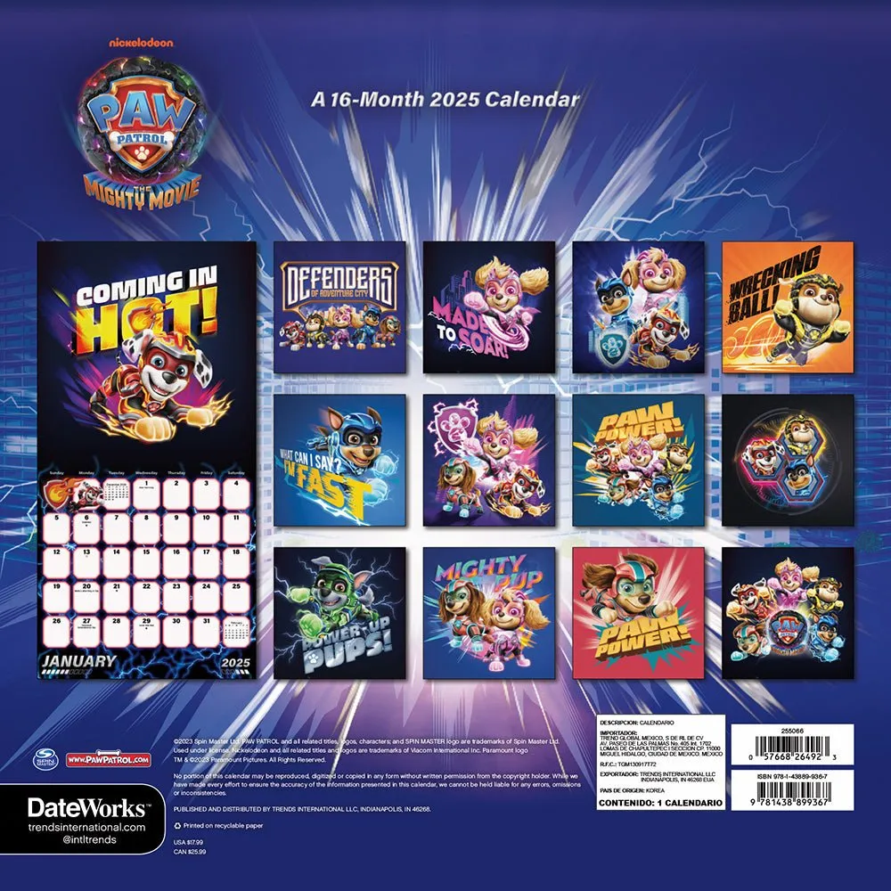 Paw Patrol The Mighty Movie 2025 16-Month Wall Calendar
