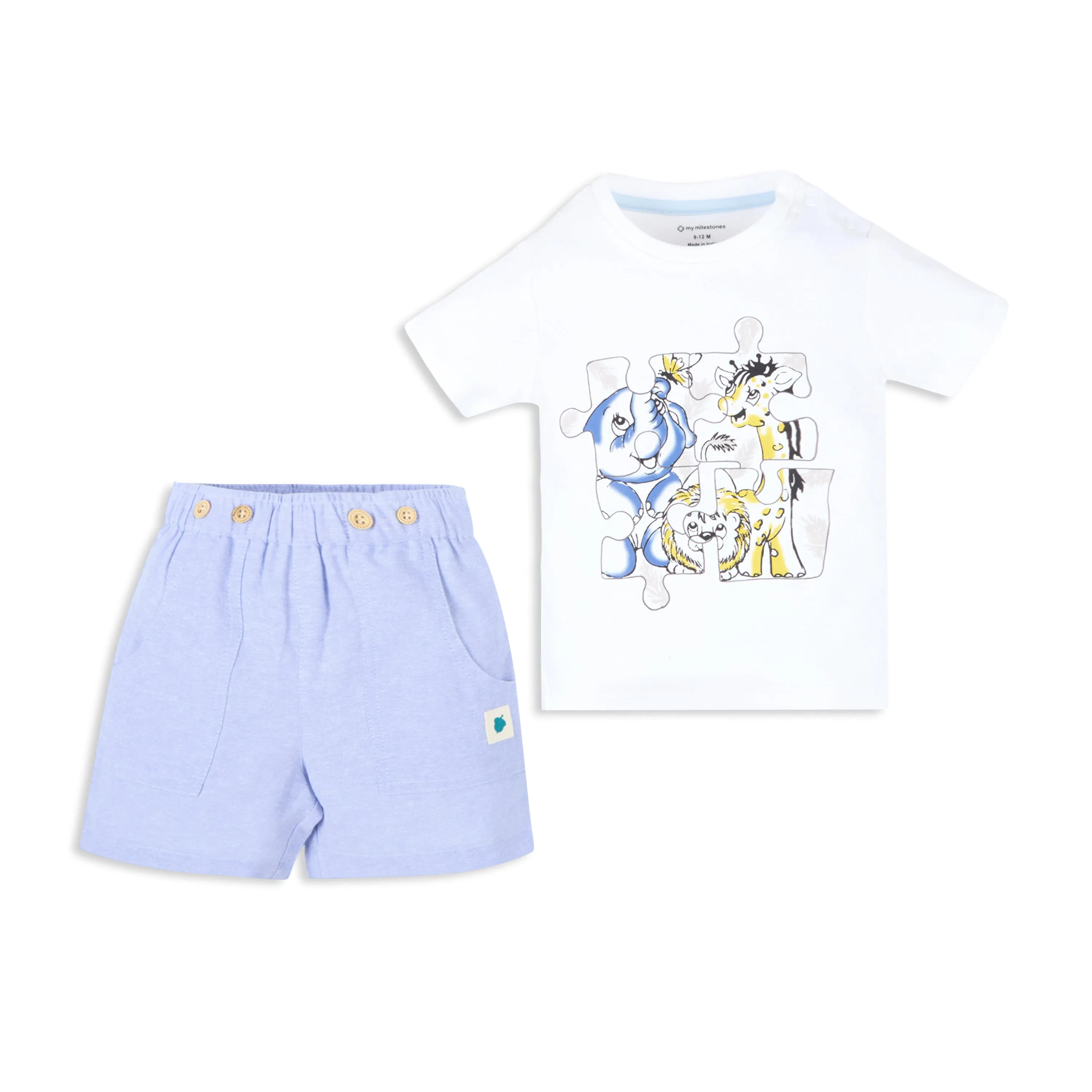 Printed Baby Boy Round Neck Tee with Chambray Shorts - White & Blue
