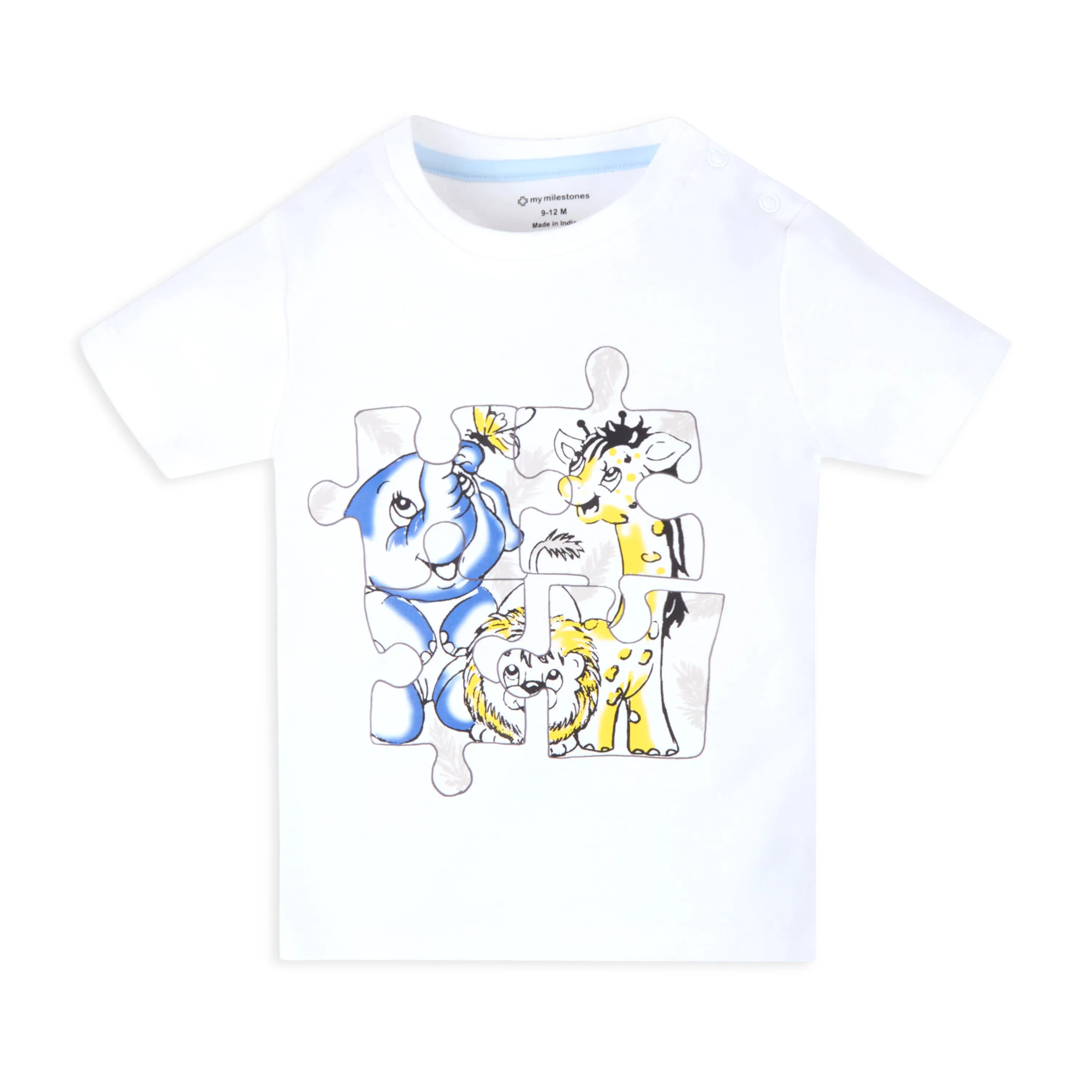 Printed Baby Boy Round Neck Tee with Chambray Shorts - White & Blue